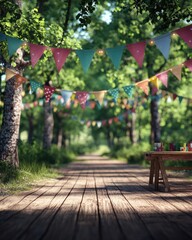 Colorful flags adorn a sunlit forest path, creating a festive atmosphere for a gathering or celebration.