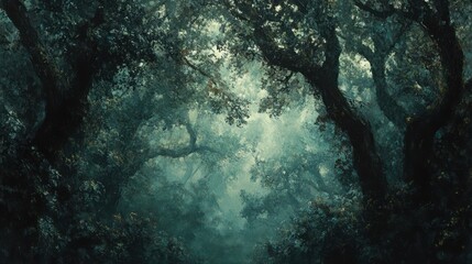 Fototapeta premium Mysterious Dark Forest With Light Shining Through the Canopy