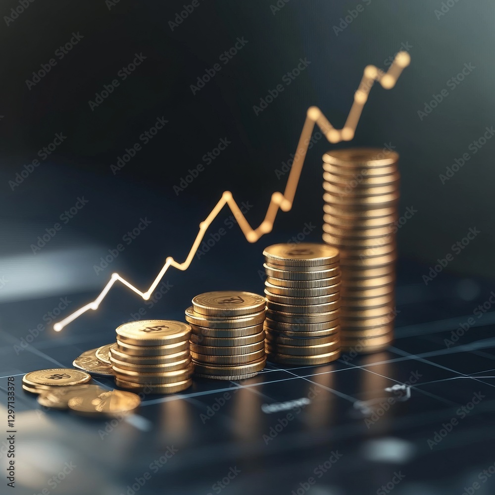 Poster financial growth: increasing stacks of golden coins with an ascending graph representing investment 
