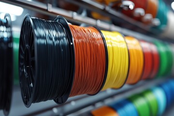 Obraz premium Colorful spools of filament in a 3D printing workshop showcasing vibrant hues and textures.