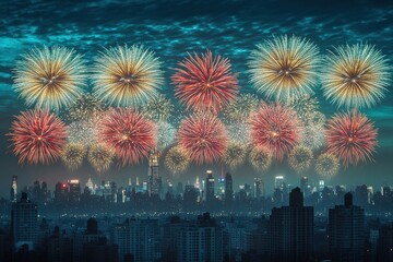 Obraz premium Colorful fireworks illuminate the night sky over a city skyline, creating a festive atmosphere.