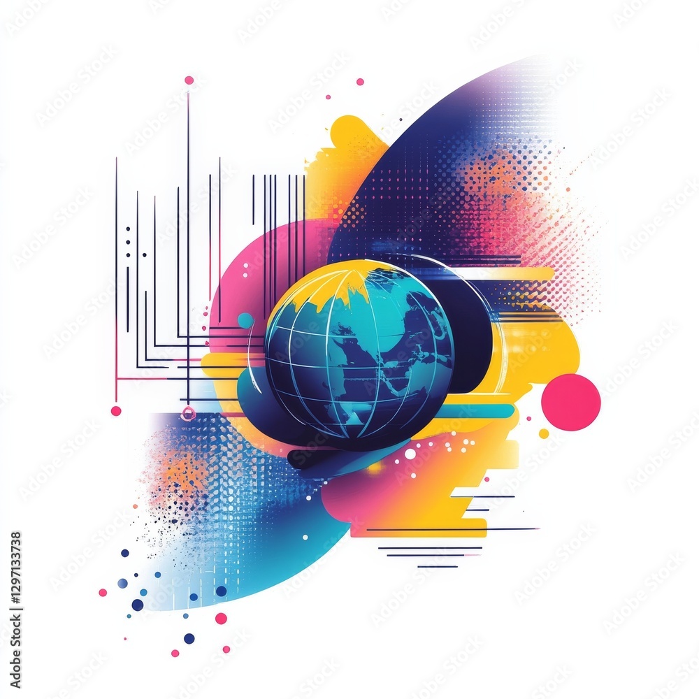 Aufkleber global connectivity: abstract world map with vibrant colors, dots, and lines on a white background