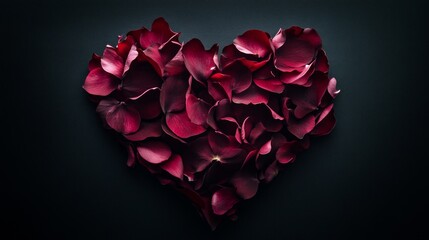 Heart Shape Created with Deep Red Rose Petals on Dark Background