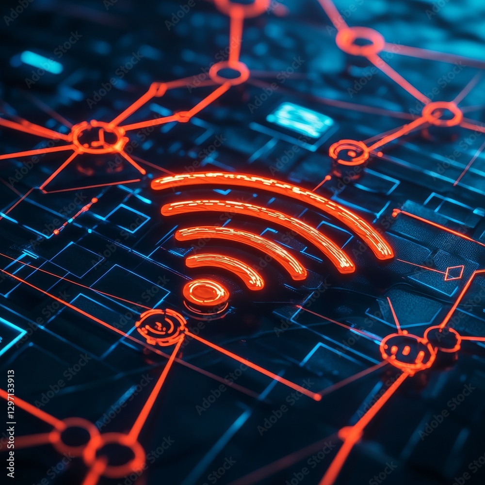 Poster glowing wireless connection: a network of connectivity with neon accents and futuristic design eleme