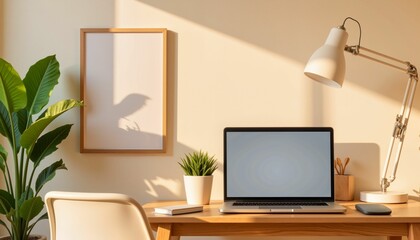 Minimalist desk setup with laptop and plant, warm natural light