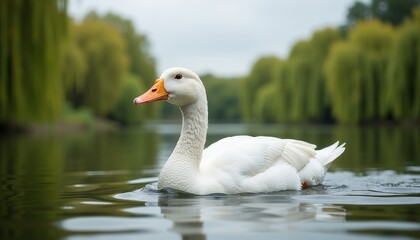 Solitary white duck gliding across a serene pond, nature's tranquility