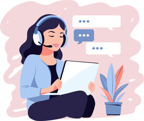 Customer service concept. Woman with headphones and microphone with laptop on transparent background. Support, assistance, call center.