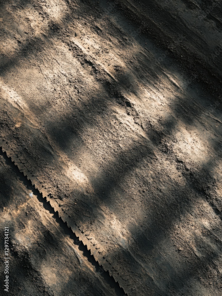 Poster Sunlight filtering through trees creates patterns on a rough path in a serene forest setting during the afternoon. Generative AI