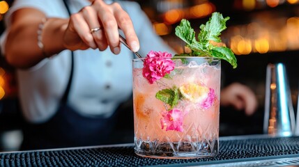 Bartender preparing a decorated cocktail on a bar counter