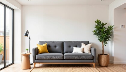 Scandinavian living room design with gray sofa, modern serenity