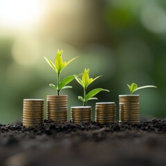 Investment Growth Concept: Seedlings Sprouting From Coin Stacks Representing Financial Success and Sustainable Wealth