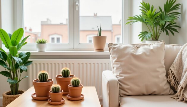 Cactus plants in cozy home interior, calming minimalist design