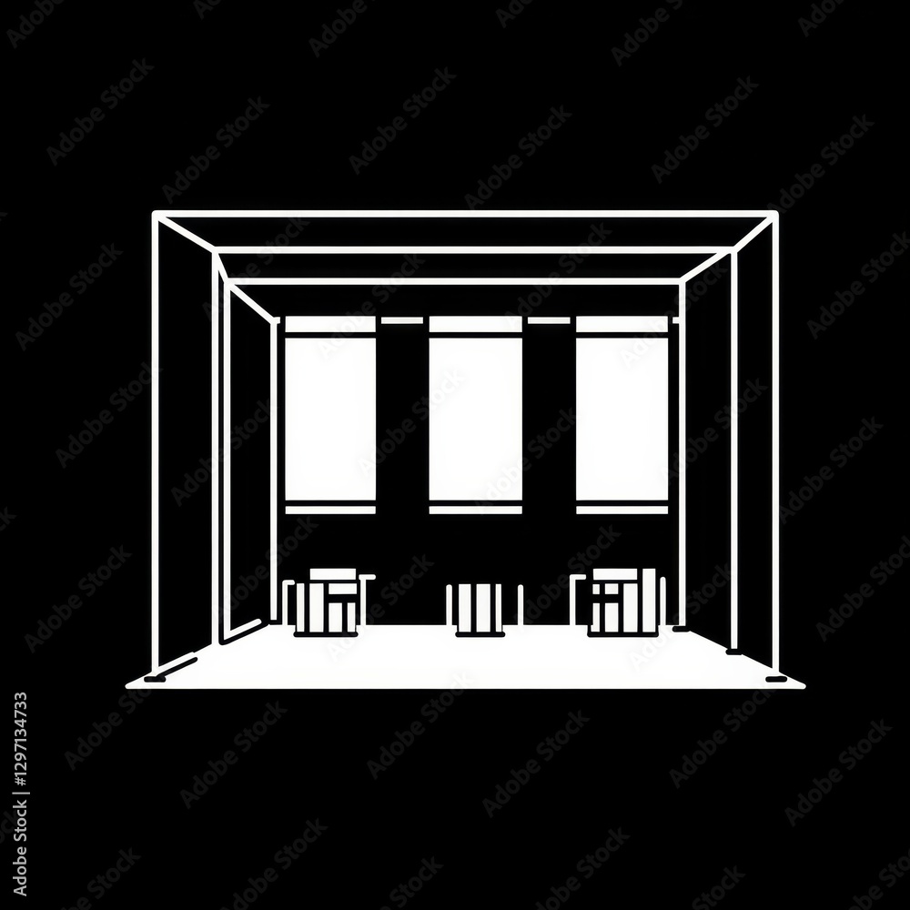 Leinwandbilder minimalist white booth structure with three display banners against a solid black background - strik