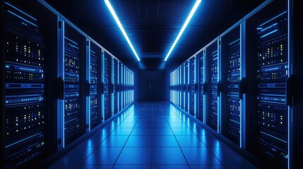 Fototapeta premium Advanced data center with glowing blue server racks and modern lighting, representing high tech security and cloud computing. Ideal for cybersecurity and digital infrastructure concepts
