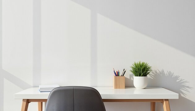 Minimalist desk setup in natural light, calm and inviting design