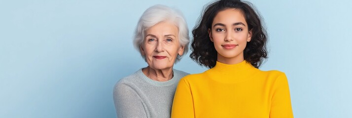Two women, one older and one younger, are standing next to each other. The older woman is wearing a gray sweater and the younger woman is wearing a yellow sweater. They both have their arms crossed