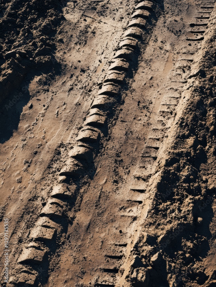 Poster tractor tracks mark the freshly plowed soil in a rural field during the day. generative ai