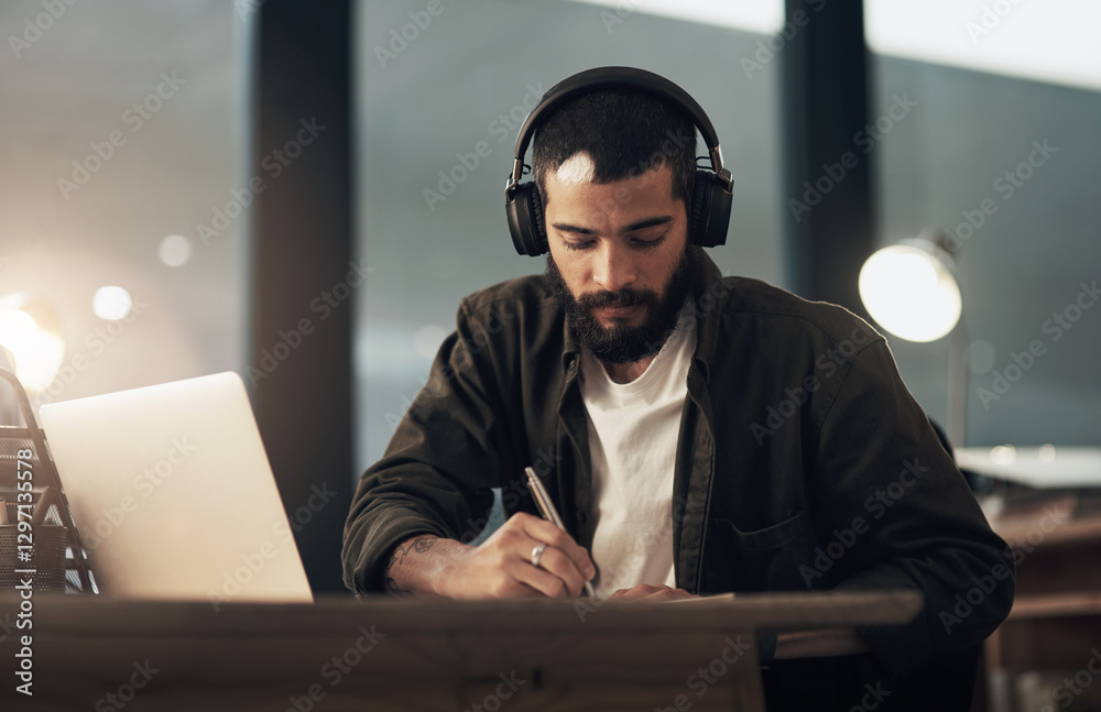 Poster Creative, man and writing with laptop, notebook and video editor with night and headphones for project. Content creation, deadline and person with idea, post production or design process with music