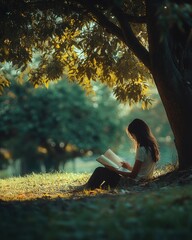 A young woman of Asian descent reading a book under a lush green tree, basking in the dappled sunlight.