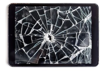 Cracked tablet screen isolated on white background digital art close-up view