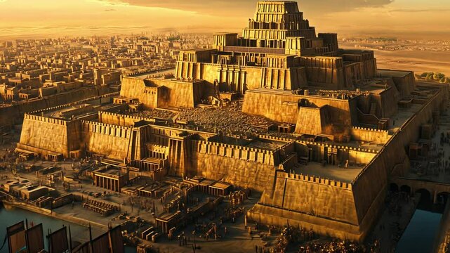 Discover the Majestic Ancient City featuring a Grand Ziggurat at Sunset