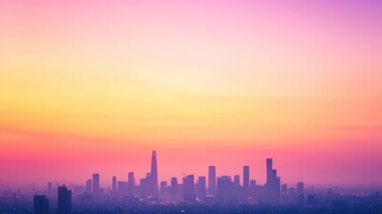 Obraz premium City skyline silhouetted at sunset with colorful gradient hues