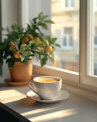 A steaming cup of coffee on a windowsill beside a lush plant with orange fruits.