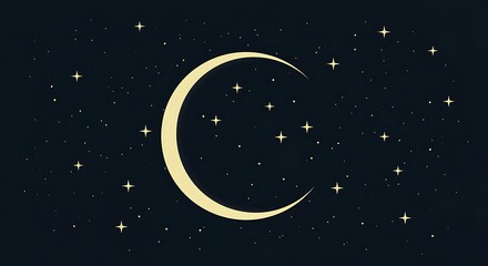 Crescent Moon Shining with Stars in Dark Night Sky Illustration