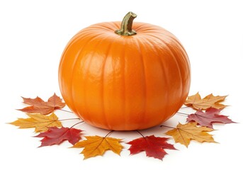 Bright orange pumpkin surrounded by vibrant autumn leaves isolated on white background