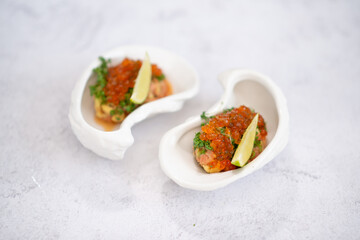 appetizer with red salmon caviar, appetizer idea for a festive table