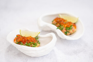 appetizer with red salmon caviar, appetizer idea for a festive table