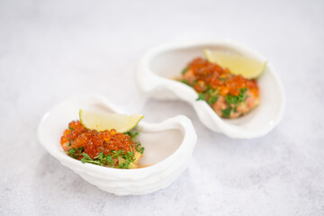 appetizer with red salmon caviar, appetizer idea for a festive table
