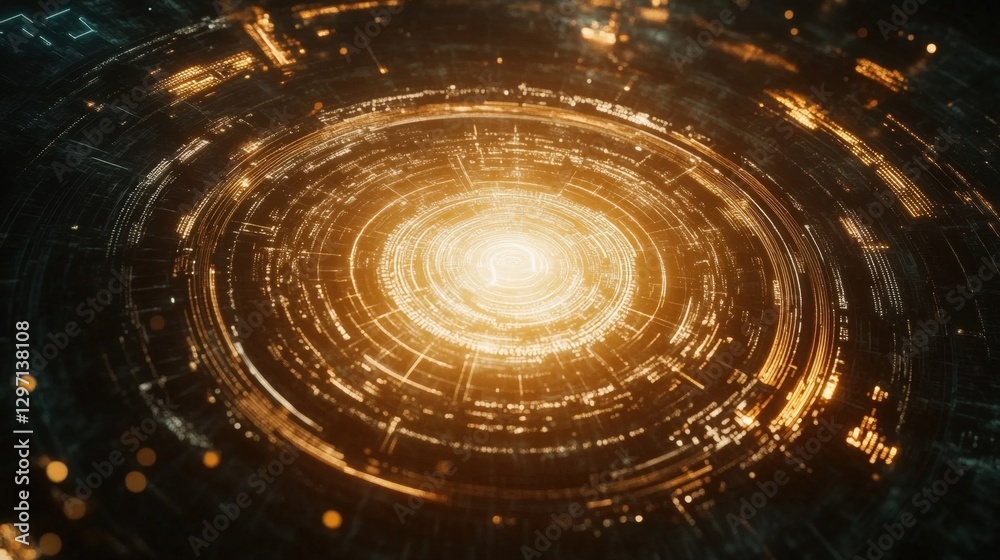 Poster golden light radiating from center of futuristic cyber security interface, protecting data flow with