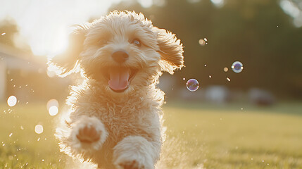 Happy puppy running through a field of bubbles in the sunlight. The golden retriever mix has its tongue out, enjoying a playful day outdoors.