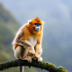 Obraz premium golden snub-nosed monkey on moss-covered branch in natural habitat