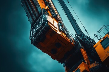 Fototapeta premium Close-up of a vibrant orange construction crane against a dramatic blue-gray sky.