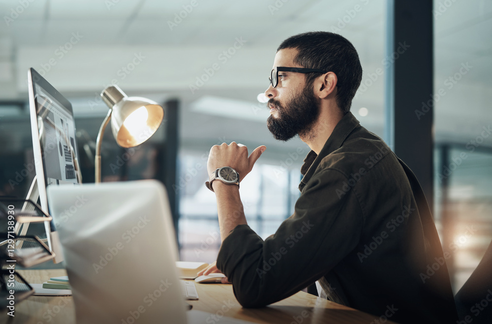 Poster Thinking, creative and man with computer, office and web designer with project in night or deadline. Online, overtime and review of layout in business, serious and research for UX design or browsing