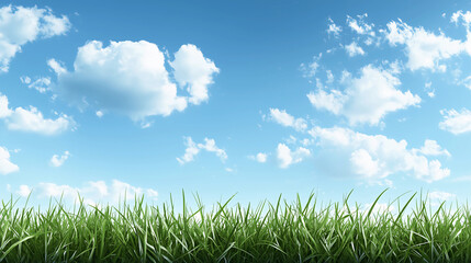 A serene landscape featuring lush green grass under a bright blue sky adorned with fluffy white clouds.