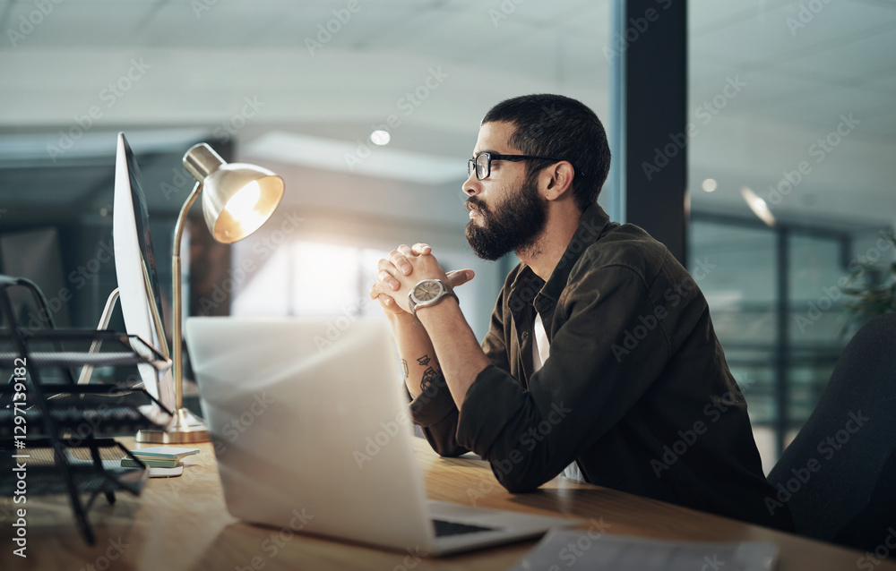 Aufkleber Computer, thinking and research with business man in office for web designer, ux tools or planning. Coding homepage, night and developer with person in agency for cms platform, glasses and reading
