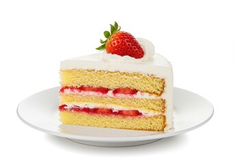 Slice of soft cream cake with a layer of frosting, topped with a fresh strawberry served on a white plate, isolated on white background