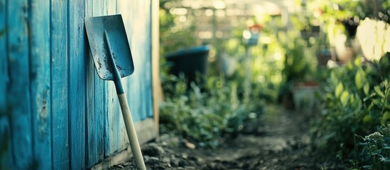 Shovel Leaning Against Garden Shed in Outdoor Space