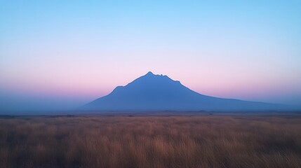 A large mountain dominates a field beneath a blue and pink sky