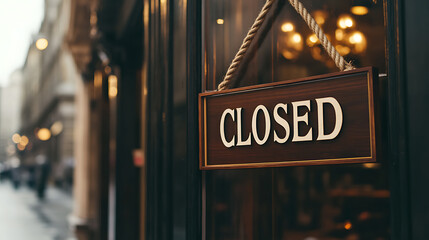 A "Closed" sign hangs in a shop window, signifying the business is temporarily unavailable, creating a sense of anticipation for its eventual reopening.