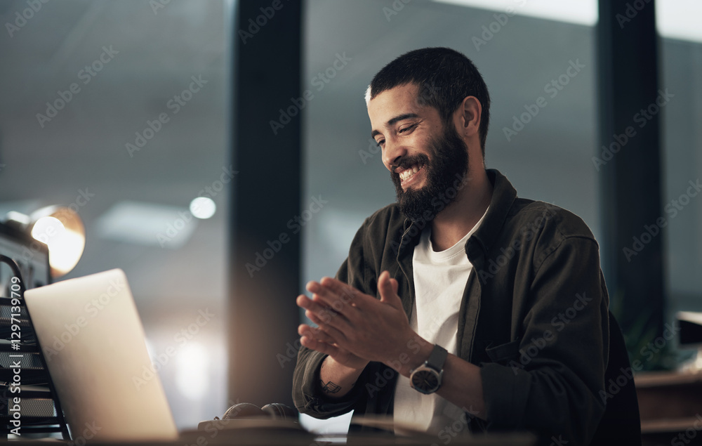 Aufkleber Design, laptop and opportunity with programmer man in office at night for coding or computer engineering. Creative, hands together and programming with excited employee at desk for project deadline