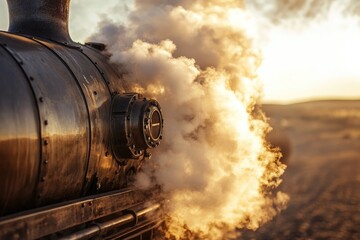 A vintage steam locomotive billows steam at sunset, showcasing its aged metallic beauty and powerful engine.