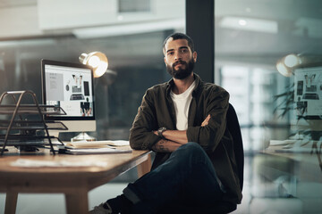 Portrait, computer and arms crossed with business man in office for web designer, research and...