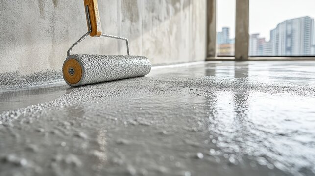 Applying epoxy floor coating in a new apartment building