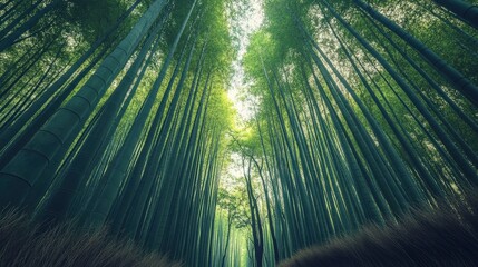 Fototapeta premium Misty Bamboo Forest with Towering Green Stalks and Soft Light