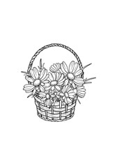 Black and white coloring page, postcard with a wicker basket filled with daisies. Detailed illustration for creativity and relaxation.