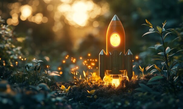 Magical Rocket Launch in Mystical Forest at Sunset Fantastic Spacecraft Adventure Orange Hues Digital Art 3d scene light - Powered by Adobe